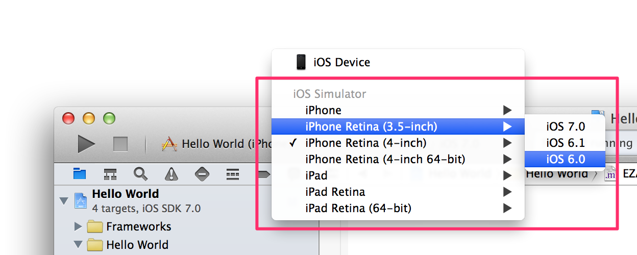 実行環境を選択するメニューで iOS シミュレータを選択します。